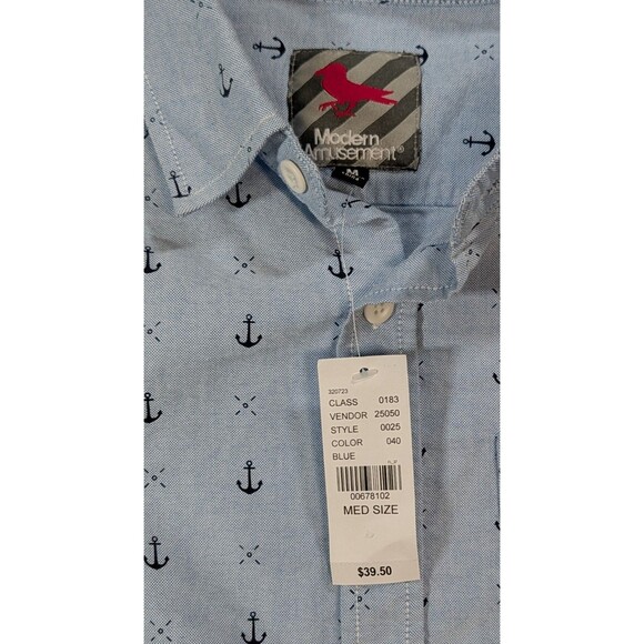 Modern Amusement Men’s M Anchor Print Button Down Shirt Blue Cotton Long Sleeve - Picture 4 of 11